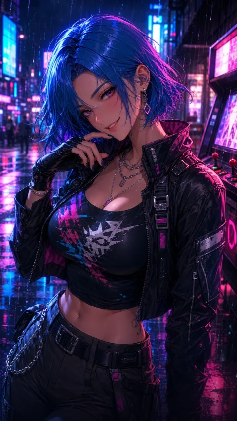 Fictional adult cyberpunk anime companion portrait