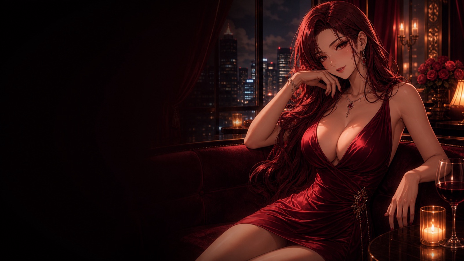Anime romance companion in warm city light